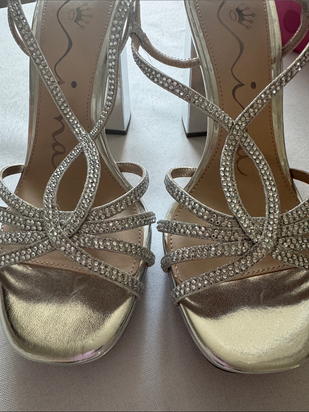 Nina Silver Rhinestone Strappy Block Heels